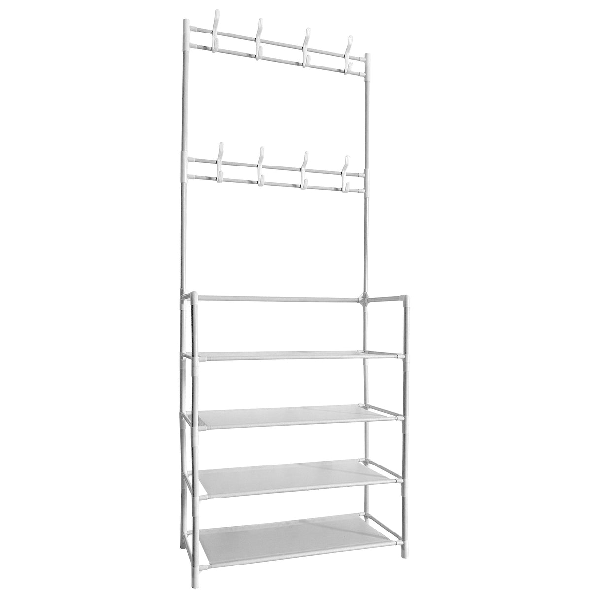 Recibidor perchero metálico de entrada Nyana Home 155cmx60cmx28cm, 4 baldas, 8 colgadores