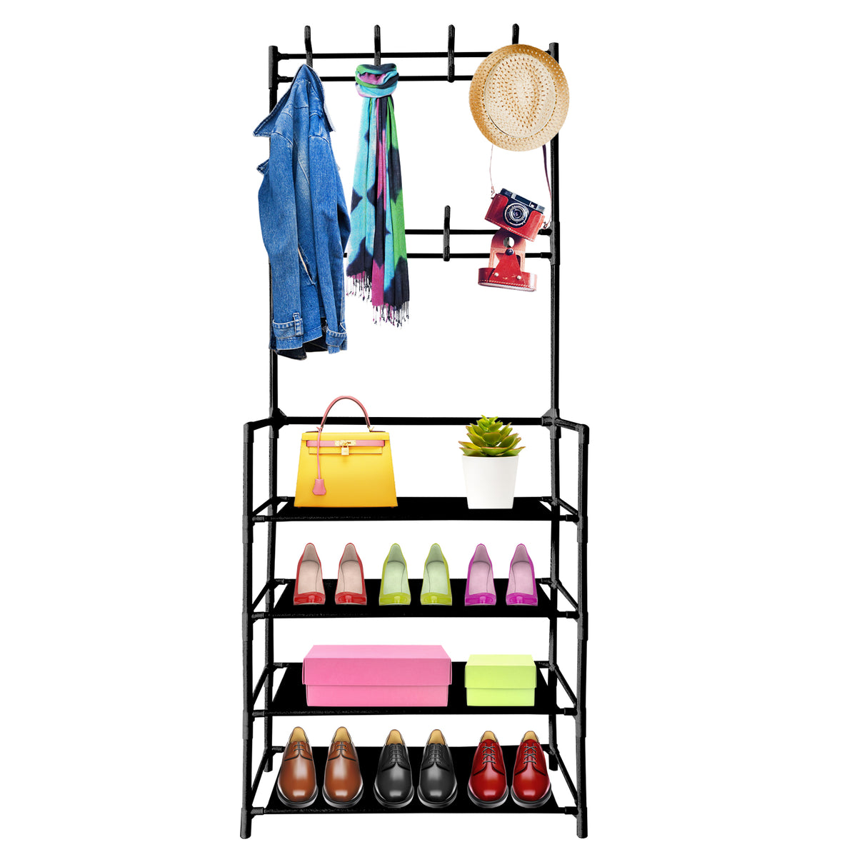 Recibidor perchero metálico de entrada Nyana Home 155cmx60cmx28cm, 4 baldas, 8 colgadores