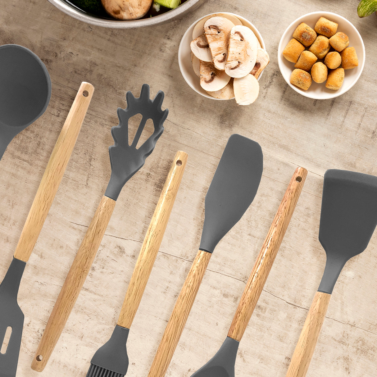 Set de Utensilios de Silicona y Madera 19 Piezas Nyana Home con Cuchillos y Tabla de Cortar