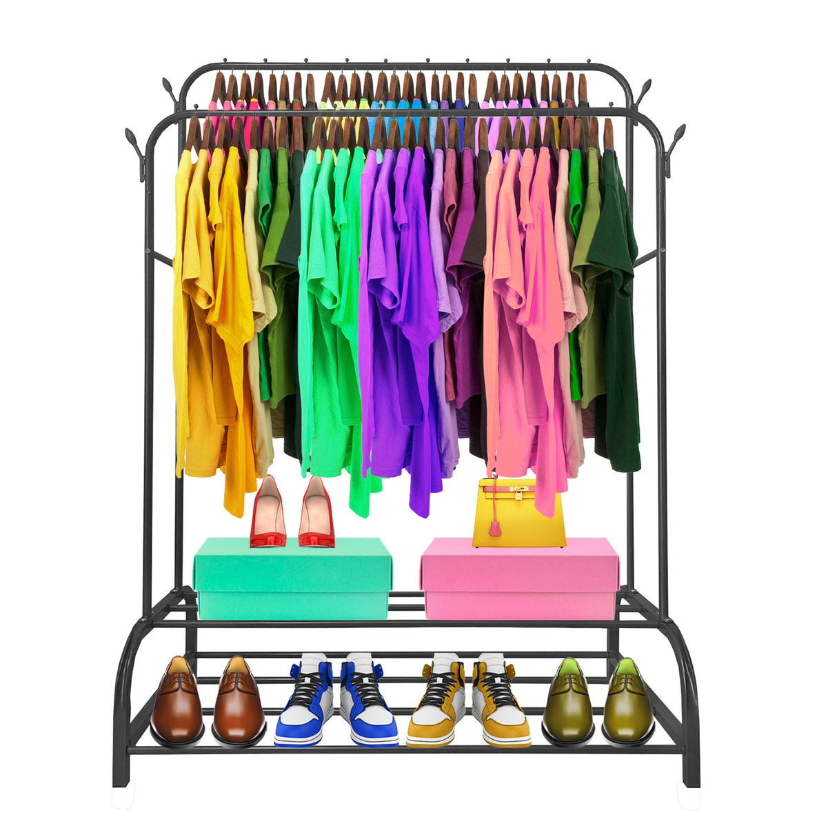 Perchero Burro Premium Maxi 2 Stand Nyana Home 157x110x56cm, 2 baldas para colgar, 4 ganchos laterales, 2 baldas inferiores - Nyana Store