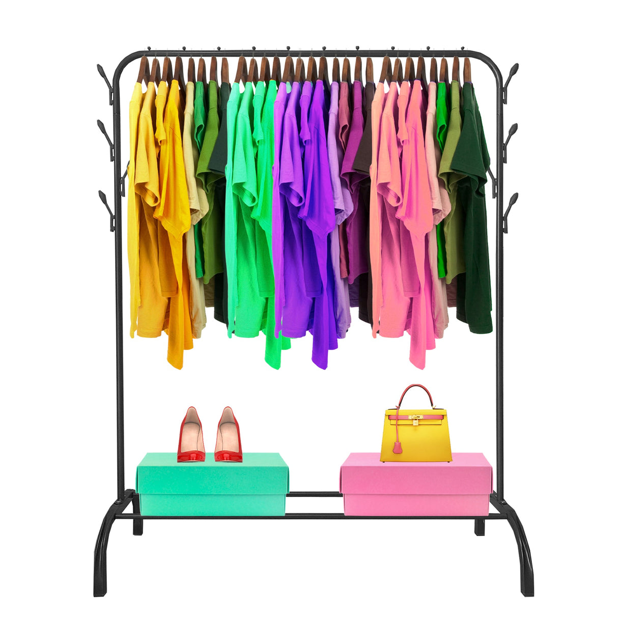 Perchero Burro Premium Rack 1 Stand Nyana Home 148x110x41cm, 1 barra para colgar, 1 balda inferior, 8 ganchos laterales - Nyana Store