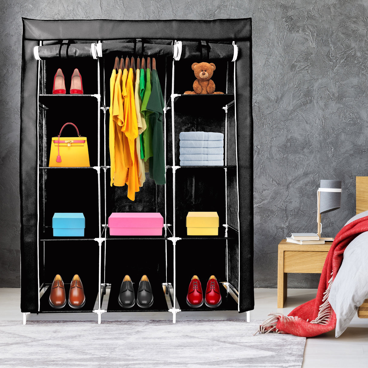 Armario Vestidor de Tela Nyana Home 170x130x45cm, 2 puertas, 9 huecos, 1 ropero