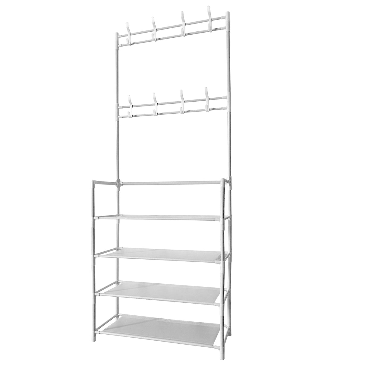 Recibidor perchero metálico de entrada Nyana Home 155cmx60cmx28cm, 4 baldas, 8 colgadores