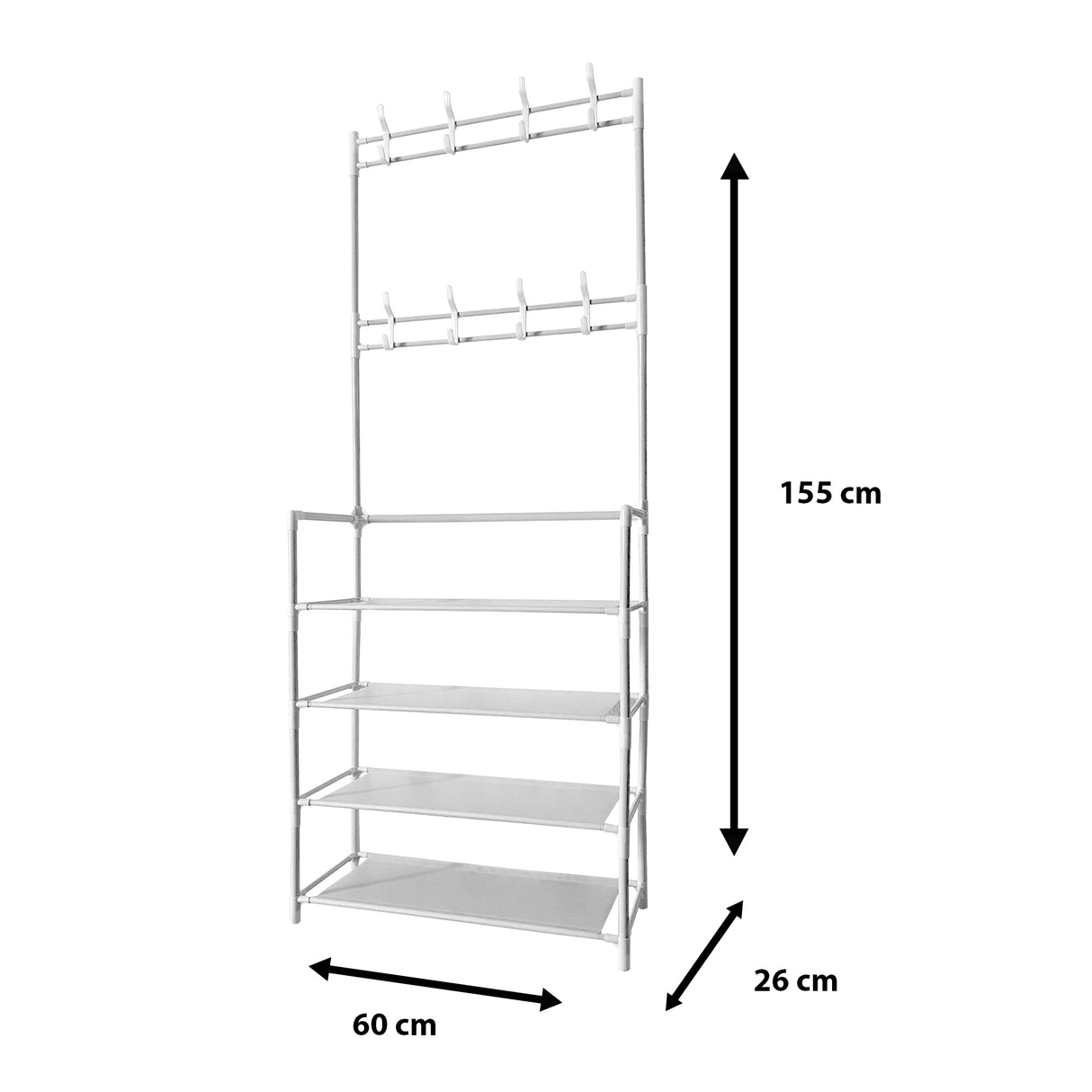 Recibidor perchero metálico de entrada Nyana Home 155cmx60cmx28cm, 4 baldas, 8 colgadores