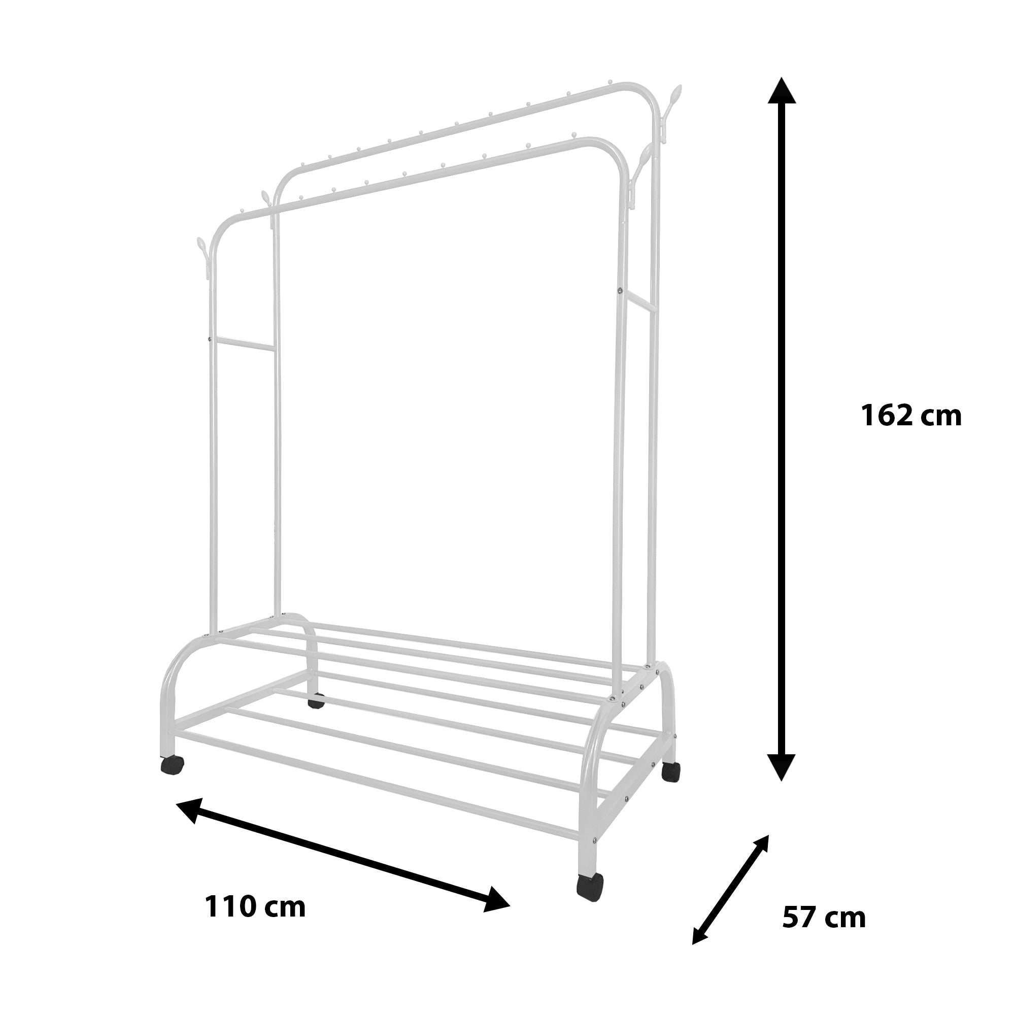 Perchero Burro Premium Maxi Giro 2 Stand Nyana Home 162x110x57cm, 2 barras para colgar, 4 ganchos laterales, 2 baldas inferiores - Nyana Store