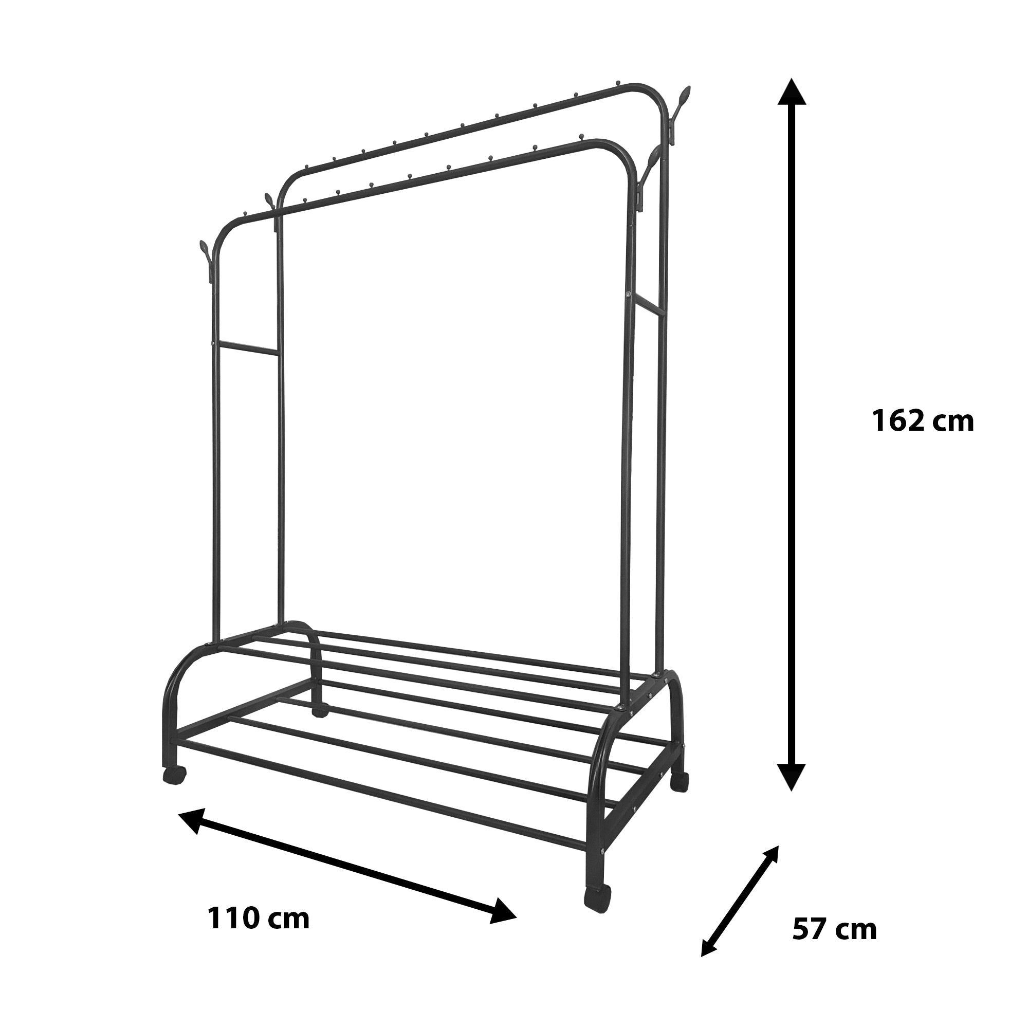 Perchero Burro Premium Maxi Giro 2 Stand Nyana Home 162x110x57cm, 2 barras para colgar, 4 ganchos laterales, 2 baldas inferiores - Nyana Store