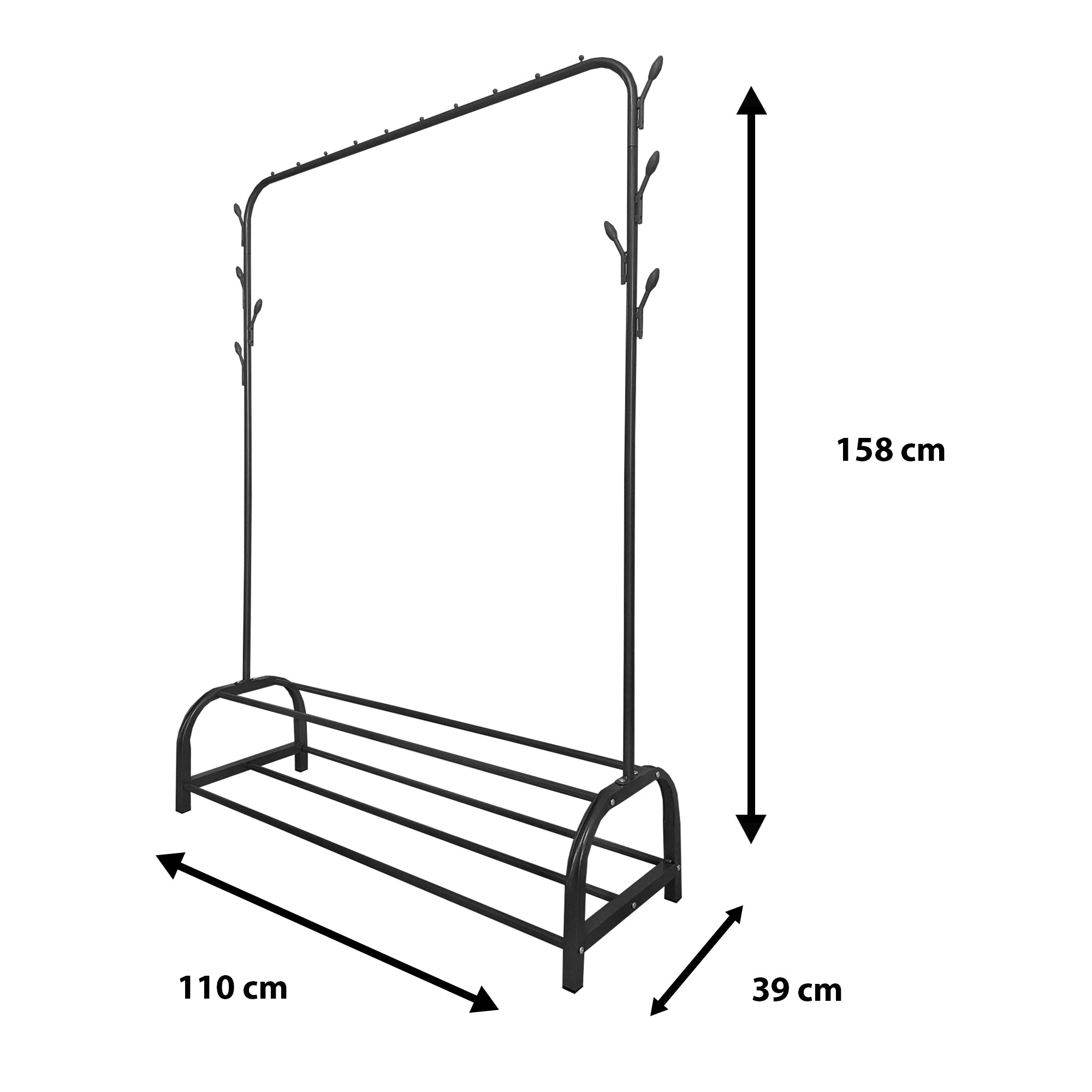 Perchero Burro Premium Rack 2 Stand Nyana Home 158x110x39cm, 1 barra para colgar, 8 ganchos laterales, 2 baldas inferiores - Nyana Store