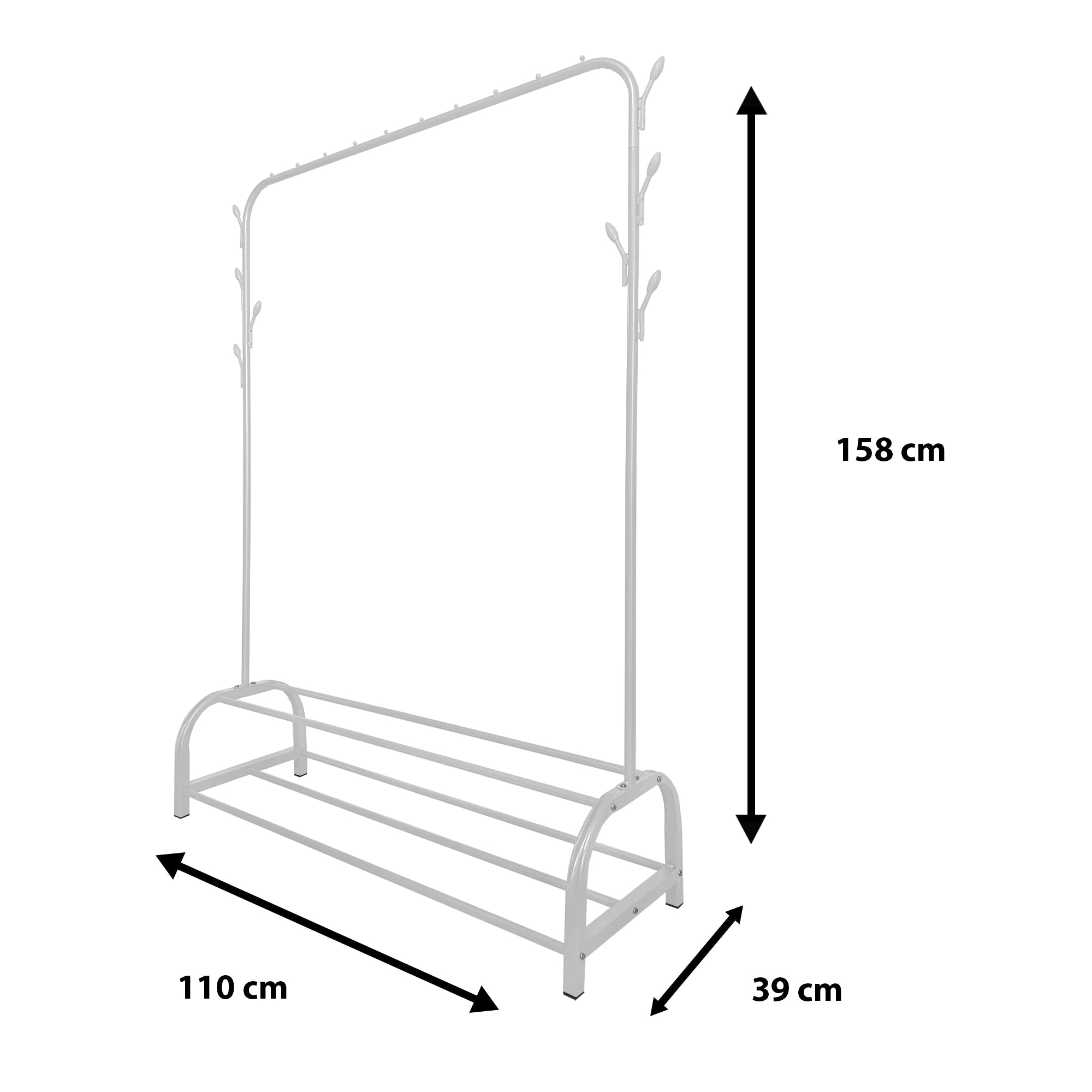 Perchero Burro Premium Rack 2 Stand Nyana Home 158x110x39cm, 1 barra para colgar, 8 ganchos laterales, 2 baldas inferiores - Nyana Store